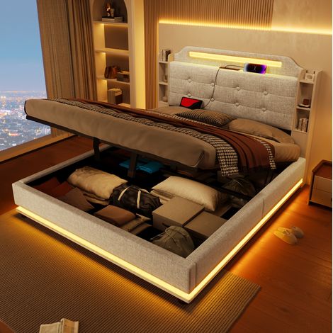 Lit rembourré rétro 140x200 cm en lin beige avec tête de lit, LED, coffre hydraulique, rangements et USB/Type-C (1/5)