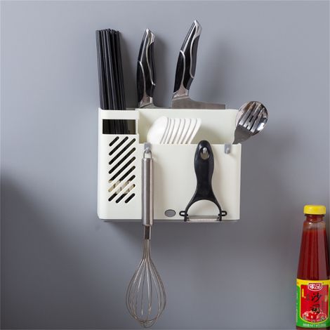 Porte-couverts mural multifonctionnel avec égouttoir à baguettes, blanc, pour la cuisine. (1/5)