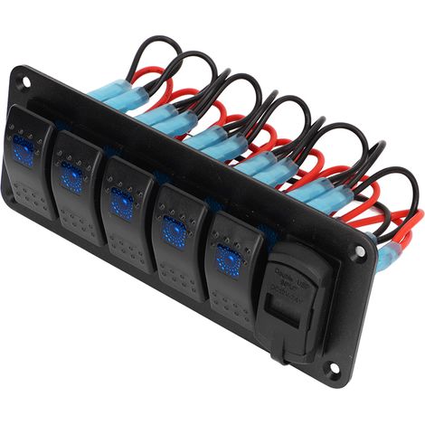 Panneau 5 Interrupteurs à Bascule 12V-24V avec Chargeur USB Double Prise et Afficheur de Tension LED, Interrupteur Marche/Arrêt pour Camion, Caravane, Bateau (1/5)