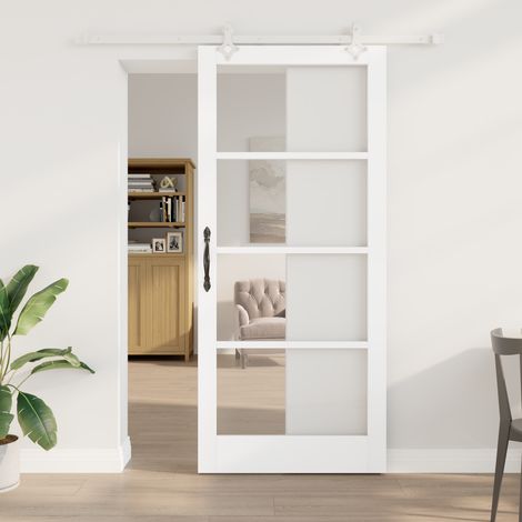 vidaXL Porte coulissante 93 x 211 cm Bois de pin massif et verre Blanc
