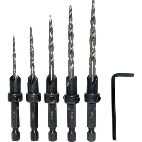 Lot de 5 forets coniques à tige hexagonale 3 en 1 pour perçage de 7/64 9/64 11/64 3/16 7/32 trous de vis avec butée de profondeur réglable à dégagement rapide 1 clé Allen (1/5)