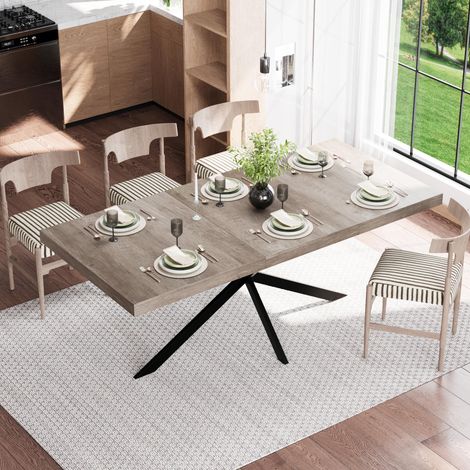 140CM-180CM Retro Rectangular Extendable Dining Table With Hidden Storage Natural Top With Same Color Embossed Center Plate For Dining Room  Kitchen & Living Room Seats 4-6(Gray)