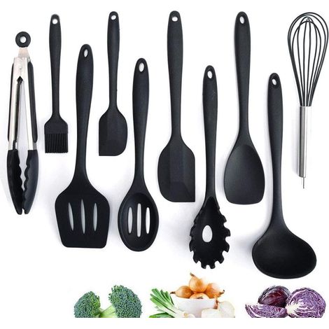 MINKUROW Set Di Utensili Da Cucina Da 10 Pezzi, Utensili Da Cucina In Silicone Nero, Set Avanzato Di Utensili Da Cucina In Silicone, Resistente Al Calore, Accessori Da Cucina, Utensili Da Cucina Antia (1/4)