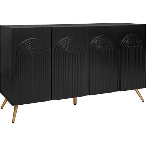 Aparador negro Mid-Century con ranuras 3D, puertas arqueadas y patas metálicas (1/5)