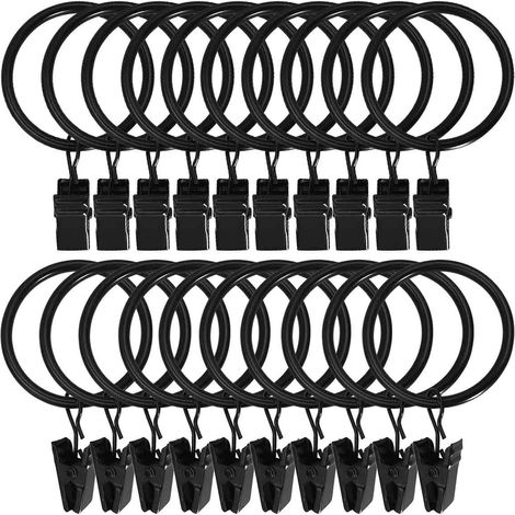 Set mit 20 Gardinenringen, schwarzes Metall, 50 mm Durchmesser, mit Clips, für Gardinenstangen bis 46 mm, Wohn-/Schlafzimmer (1/5)