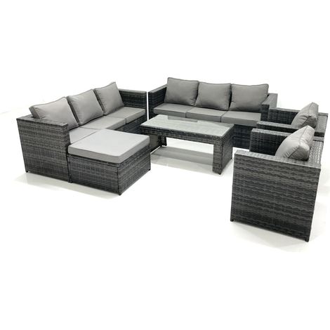 Fimous Ensemble de meubles de jardin en polyrotin avec Table basse Fauteuil Grand tabouret Gris foncé mixte (1/5)