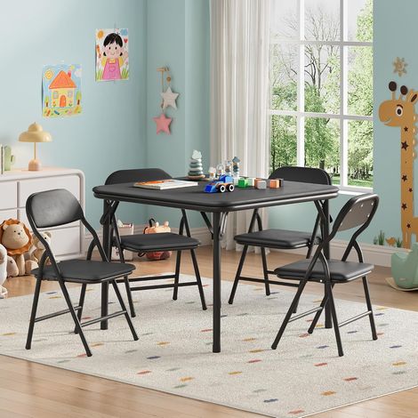 Ensemble Table et 4 Chaises Pliantes pour Enfants, Set Repas Créatif en PU Rembourré Noir (1/5)