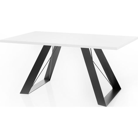 Esstisch Colter Schwarz im Modern Still, Rechteckig Tisch - Ausziehbar von 140 cm bis 240 cm, Pulverbeschichtete Weiße Metallbeine - 140 x 80 cm - Weiß