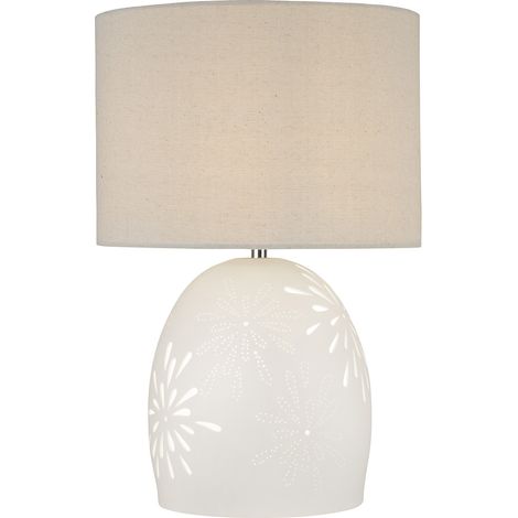 Lampada Da Scrivania Contemporanea Cora Ceramica Bianco Tessuto Beige 1 Luce E27