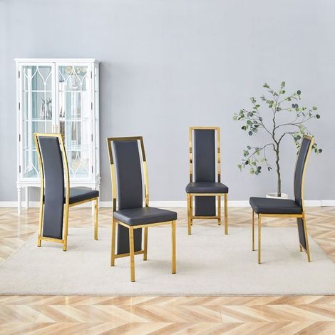 Lot de chaises 4 pièces cuir pu noir style minimaliste européen bord doré cadre métal doré (1/5)
