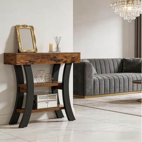 Console 105x30x80 cm en MDF et métal noir, avec rangement gain de place pour entrée FloraGrace (1/5)