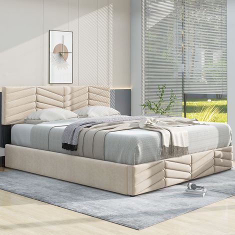 Cama almacenaje 140 x 200 cm con cabecero ajustable terciopelo beige a rayas apta para niños y adolescentes (Sin Colchón) (1/5)