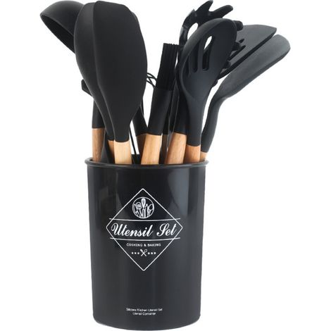 Ustensiles de Cuisine Ensemble d'Ustensiles Cuisine en Bois 12 pcs kit Antiadhésive sans BPA Anti-Rayures et Résistante à la Chaleur Silicone de qualité (1/5)