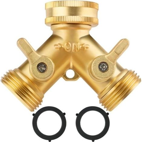 Robinet double 2 voies 3/4" en laiton - connecteur en Y pour tuyau d'arrosage, régulateurs indépendants, étanche (1/4)
