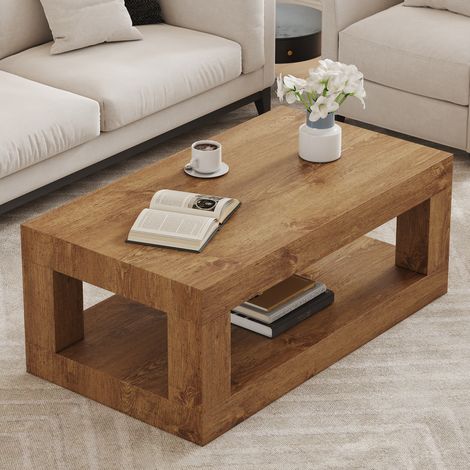Mesa de centro rectangular de 2 niveles para salón, con estante abierto, de MDF con efecto madera