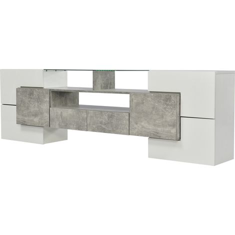 Mobile TV moderno bianco lucido 200 cm con illuminazione LED e superficie in vetro (1/5)