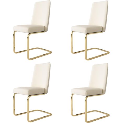 Juego de 4 sillones de terciopelo, tapizados en beige, con respaldo en forma de rombo y soporte de metal dorado, ideal para salón, dormitorio, estudio u oficina. (1/5)