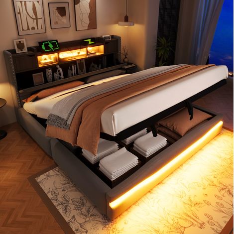Letto a cassone 180x200 cm con base idraulica, illuminazione LED, porte USB e Type-C in lino, grigio, senza materasso (1/5)