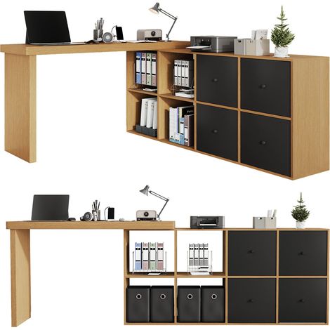 Bureau d'angle pivotant 360°, agencement en L ou droit, MDF épais 4 cm, 4 casiers et 4 tiroirs, poste de travail flexible, table d'ordinateur robuste avec pieds renforcés (1/5)