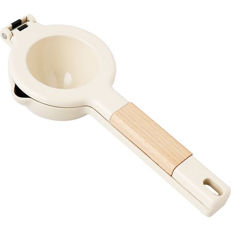 Presse-agrumes manuel robuste en métal, poignée en bois ergonomique, revêtement alimentaire blanc, design fonctionnel (1/5)