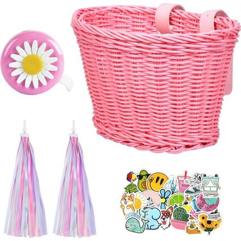 Cestino per bicicletta per bambini, cestino da manubrio con campanello, nappa, adesivi, cestino lavorato a mano per la scuola, attività all'aperto e ciclismo, rosa (1/5)