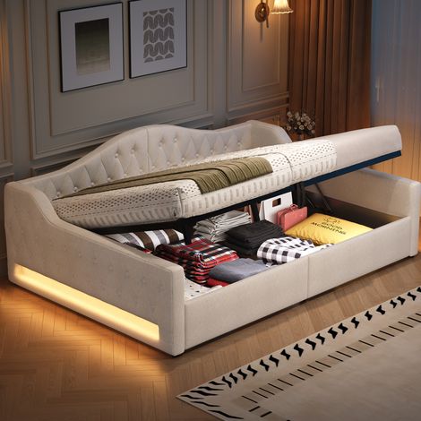 letto contenitore 140x200 con LED imbottito beige OKMYHOME (1/5)