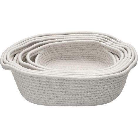 Ensemble de 5 paniers de rangement rectangulaires en corde de coton tressée, blancs, pour l'organisation de la chambre de bébé ou des jouets pour chien. (1/5)