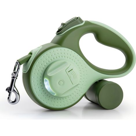 Laisse rétractable pour chien de 5 m – Pour grands chiens jusqu'à 45 kg – Avec lumière LED – Anti-nœuds à 360° – Arrêt et verrouillage d'une seule main – Résistante – Verte (1/5)