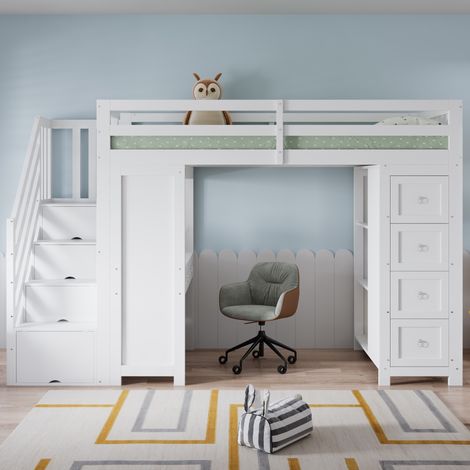 Cama alta infantil 90x200 cm blanca de pino, MDF y aglomerado con escritorio integrado (1/5)