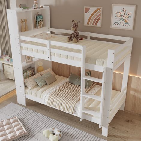 Letto a Castello 90x200 cm, Scala Sicura, Sponde Protettive, Ripiani Funzionali, Bianco in Legno, per Bambini (Senza Materasso) (1/5)