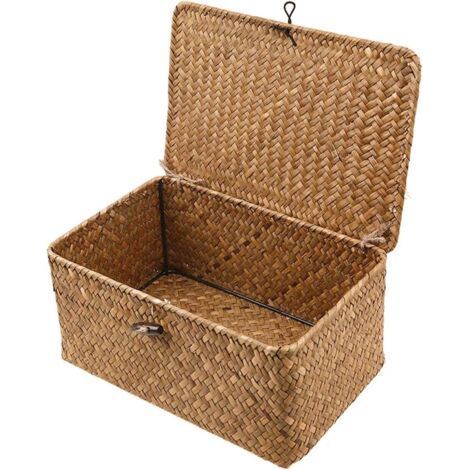 Panier de rangement en osier tressé avec couvercles en jonc de mer - Pour salle de bain, salon, cuisine - Taille XXL, Naturel-ARCAN (1/5)