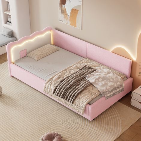 Letto 90 x 200 cm con illuminazione LED d’atmosfera, MDF e tessuto non tessuto, rosa HAVRYA (1/5)