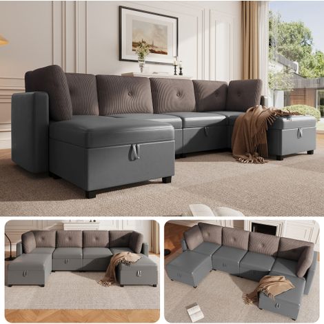 Canapé modulaire en U 6 pièces avec rangements – Canapé d'angle multifonction pour salon, convertible en canapé en L, lit de repos ou fauteuils individuels, design bicolore en velours et velours côtel