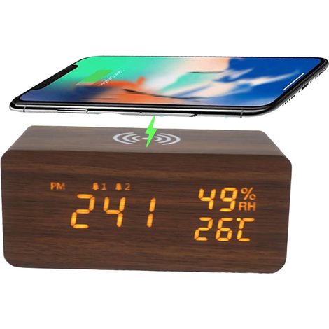 LED-Digitalwecker mit kabelloser Ladefunktion, digitaler Temperaturanzeige und USB-Anschluss, braunes Holzgehäuse, integriertes Ladegerät, 1 Stück (1/5)