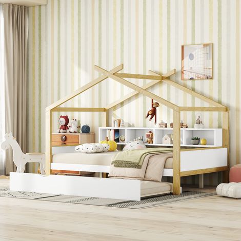 Letti estraibile 140x200cm (90x180cm) letti singolo per bambini, letti a forma di casa sull'albero con 4 vani portaoggetti, legno, senza materasso, bianco (1/5)