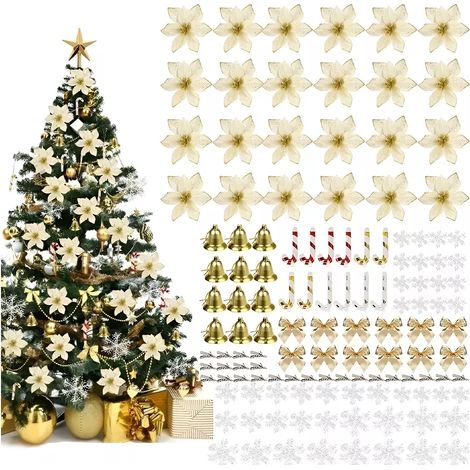 Lot de 120 poinsettias de Noël artificiels à paillettes avec pinces et tiges de baies pour couronne de sapin de Noël, décoration de fête de mariage (1/5)