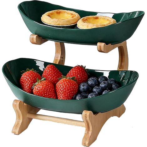 Corbeille à fruits en bambou : étagère de rangement ovale rose à 2 niveaux pour plan de travail (sans BPA, empilable) — Gain de place, démontable idéale pour ranger fruits, légumes et en-cas dans la (1/5)