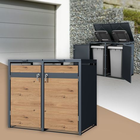 ML-Design Cobertizo Doble Para Ocultar Cubo de Basura 240L Antracita Aspecto Roble 132 x 80 x 116,3 cm Caseta de Acero Para Jardín Contenedor Resistente Caja Con Tapa Abatible Dos Puertas y Cerradura (1/5)