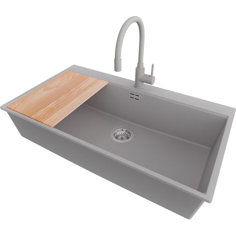 PRIMAGRAN Evier Cuisine en Granit 88x50cm,Lavabo 1 bac + Robinet 38x14cm + Kit de Vidage + Planche à Découper, Évier à Encastrer au meuble 90cm - Oslo, Gris (1/5)