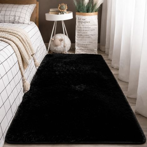 Tapis Soie et Laine Noir 60x120 cm Antidérapant Lavable en Machine Design Élégant pour Salon et Chambre Confort Doux Résistant aux Taches (1/4)