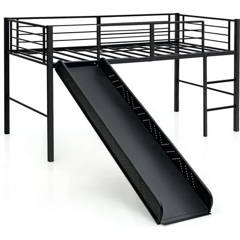 COSTWAY Kinderbett mit Rausfallschutz, Spielbett mit Rutschbahn und Leiter, aus Metall, für Jungs & Maedchen, 198 x 96 x 109cm Schwarz