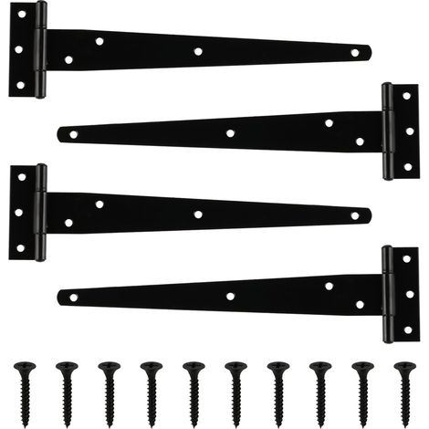 Lot de 4 charnières en T robustes de 25,4 cm, charnières de porte de grange galvanisées noires pour portes d'abri de jardin et clôtures en bois (1/4)