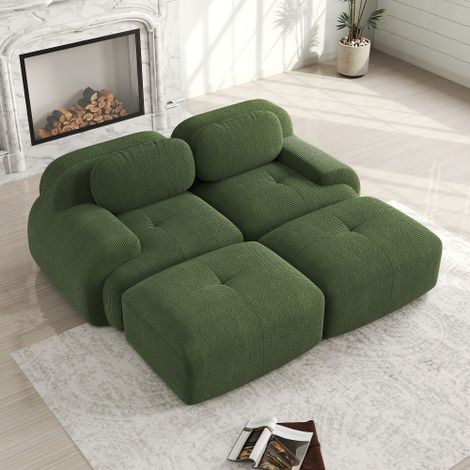 Sofá de 2 plazas con brazos curvados, 2 cojines, 2 reposapiés, de terciopelo, verde (1/5)