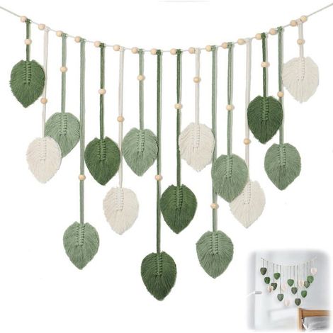 Décoration murale en macramé, feuille verte - 1 pièce, verte, 120 x 75 cm - Décoration murale bohème pour salon, chambre, inspiration nature - macramé (1/5)