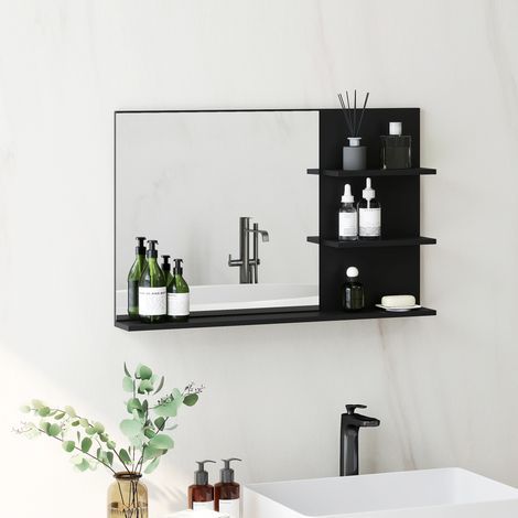Moderner Badezimmerspiegel mit zwei seitlichen und einem unteren Ablagefach, aus Holz und Glas, 75 x 10 x 48 cm, schwarz (1/5)