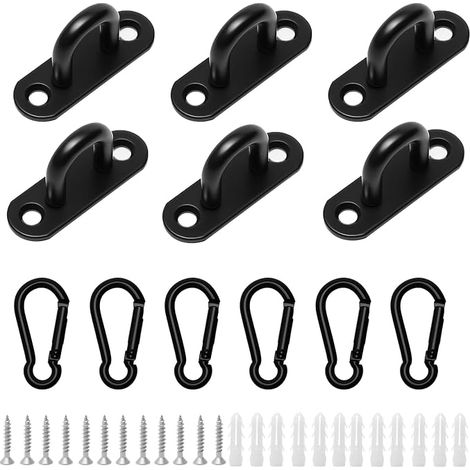 6 Sets Pad Eye Plate and Carabiner Clips, Crochet U et Plaque à Oeillet en Acier Inoxydable, Kit de Fixation Murale et Plafond avec Vis et Chevilles en Plastique pour Lustre, Parasol (1/5)