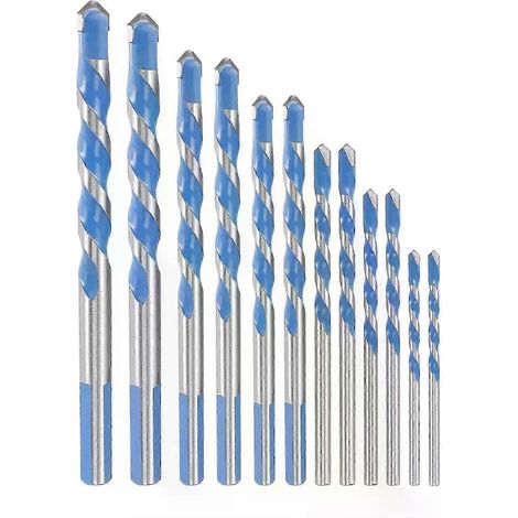 Jeu de 12 forets à maçonnerie (3 à 12 mm) à pointes carbure hélicoïdales pour murs, briques, ciment, béton, verre et bois. Usage industriel. (1/5)
