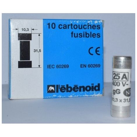 Fusible 25A cartouche 10.3X31.5mm gG usage domestique (boite de 10) 20kA 400V sans voyant EBENOID 063225 (1/2)