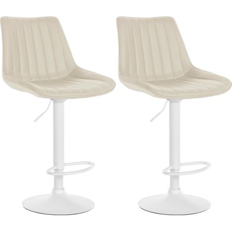Juego de 2 taburetes de bar regulables en altura y giratorios 360° en piel sintética color crema con costuras verticales y patas de metal blanco 100006777
