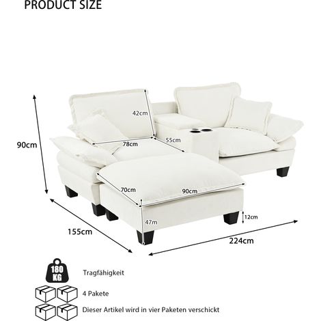Canapé d'angle modulaire beige, sofa en forme de voilier avec porte-verres, espace de stockage, ports USB, 1 ottoman et 2 coussins, housse en chenille pour salon et appartement